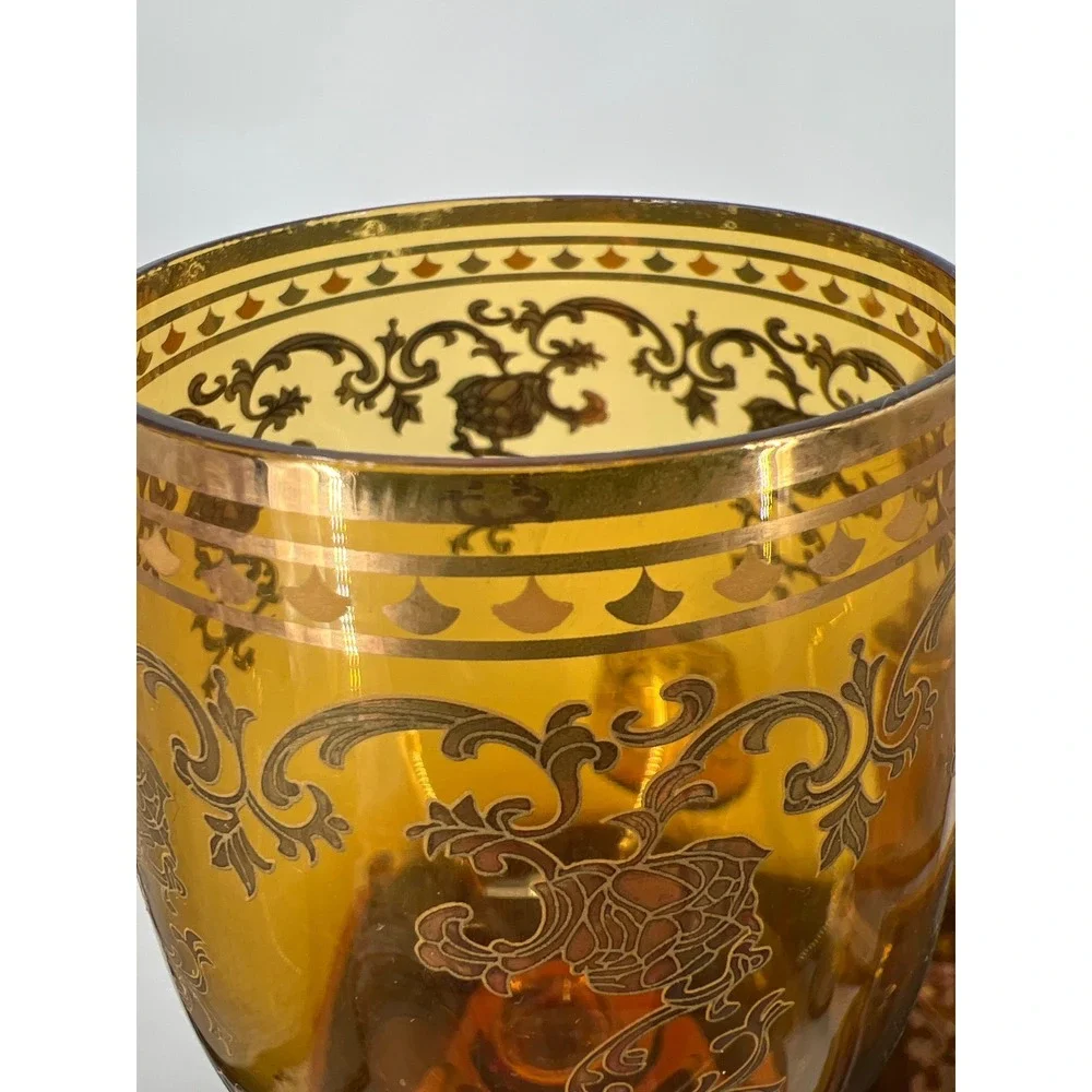 Vintage MCM Amber Glass Decanter Set Gold Encrusted Floral Scroll 4‎ Glasses